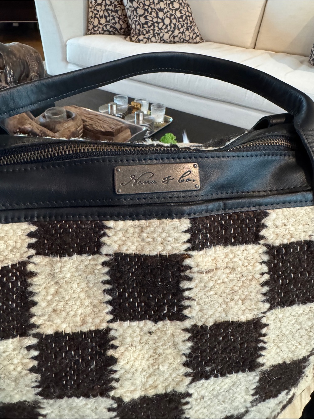 Nena & Co Brown and Cream Checkered Overnight Bag with Black Leather Trim - New! - Picture 5 of 17